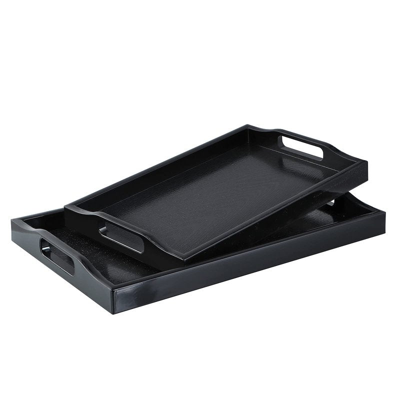 MDLUU Set of 2 Plastic Serving Tray, Ottoman Tray with Cutout Handles, Rectangle Butler Tray for Breakfast in Bed, Coffee Table, Kitchen Countertop (Black)