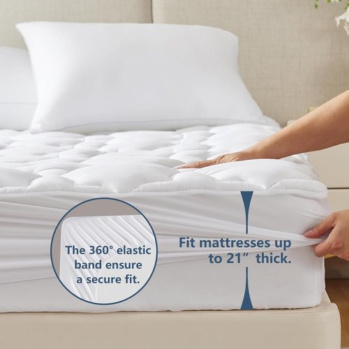 CozyLux Queen Mattress Pad - Breathable Cotton Cooling Topper | Quilted Fitted Cover for 8-21" Deep Mattresses (60"x80", White)