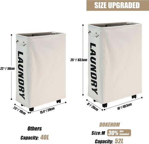 DOKEHOM Slim Rolling Laundry Basket - 25-Inch Collapsible Hamper for Narrow Spaces | Beige