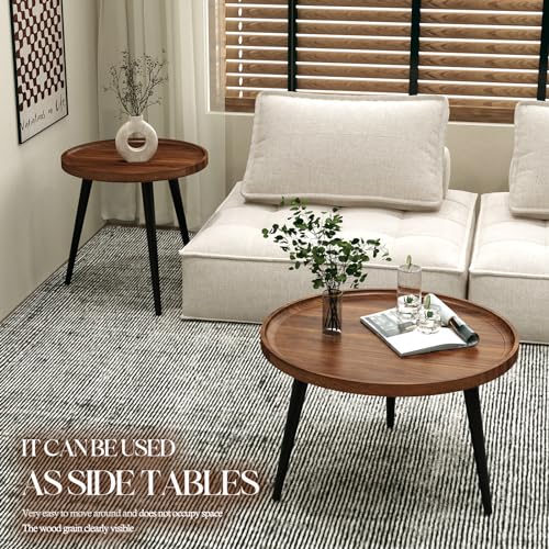 2-Piece Mid-Century Modern Nesting Coffee Table Set, Round Walnut Finish