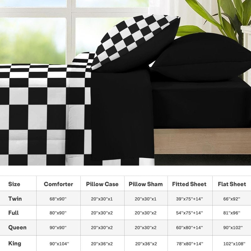 Nesker Comforter Set Twin Size, Black White Checkered 5 Pcs Bedding for Kids and Adults, Cute Retro Gingham Grid Bed Sheet Sets with Fitted Sheet Pillowcase & Sham