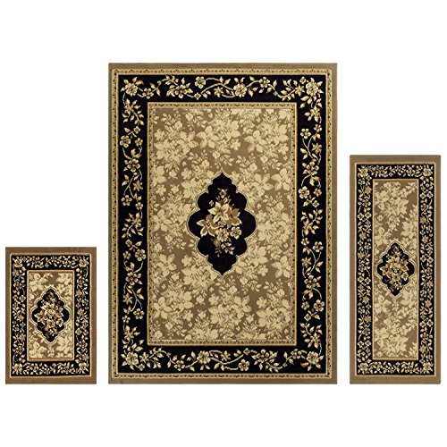 3-Piece Damask Floral Area Rug Set, Polypropylene Medallion Rugs