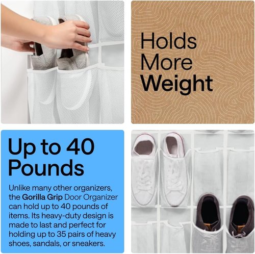 GORILLA GRIP Over The Door Shoe Organizer - 35 Large Breathable Mesh Pockets | Space-Saving Hanging Storage, 68.5H x 24.5W, White