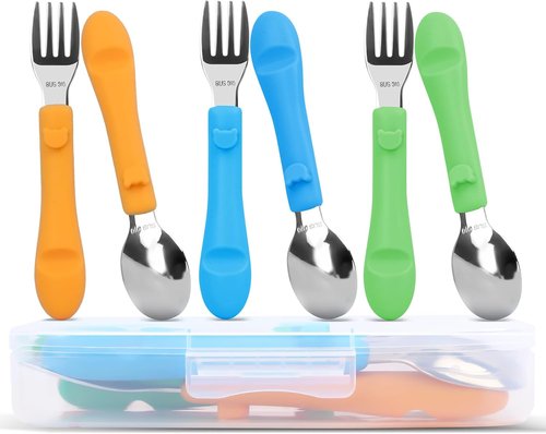 Bakpoco Toddler Utensils Set - 6PCS 316 Stainless Steel Forks & Spoons with Silicone Handles | BPA-Free, Dishwasher Safe, Bright Colors