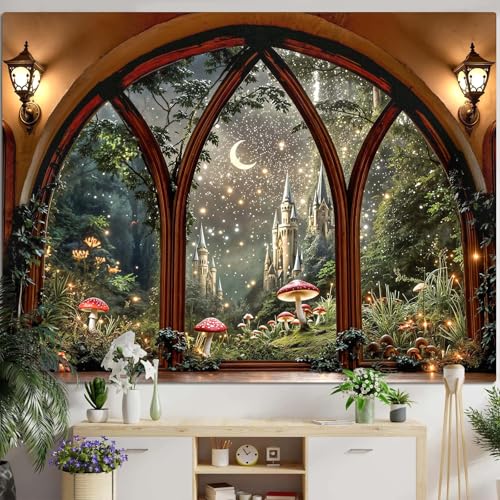 Fantasy Castle Window Tapestry - Magical Woodland Wall Hanging Backdrop