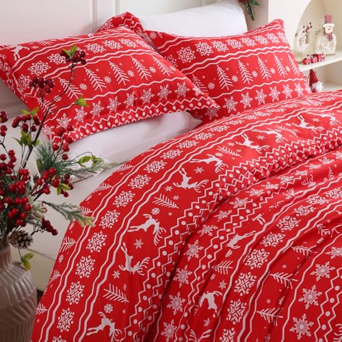 JSD Vintage Red Reindeer Snowflakes Christmas Duvet Cover Set Twin Size
