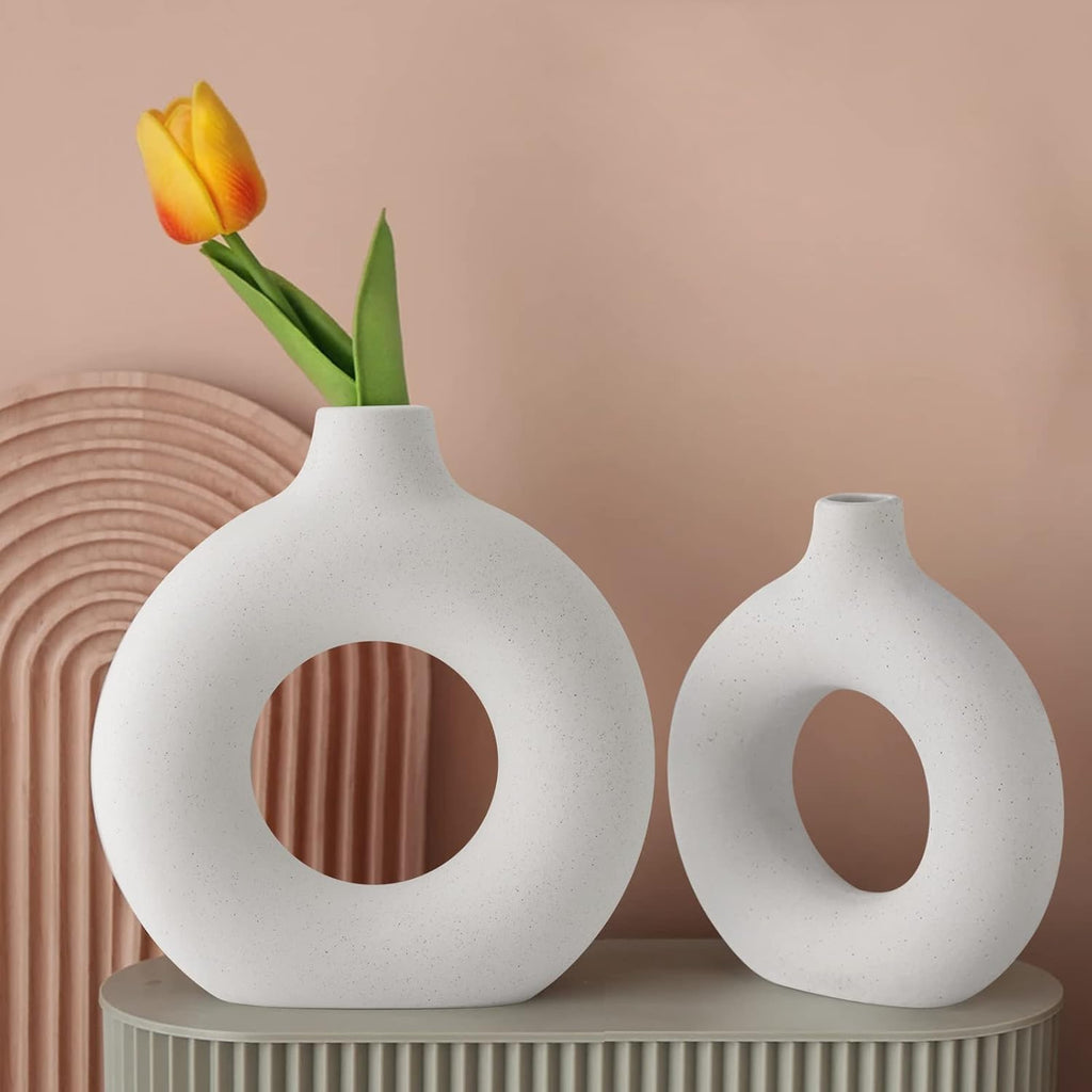 Skiennix White Ceramic Vases - Modern Circle Pampas Grass Decor | Set of 2 for Minimalist Home & Office