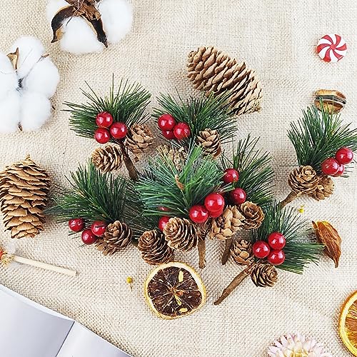 25PCS Artificial Pine Picks with Red Berries & Pinecones – Fake Pine Branches for Christmas Crafts