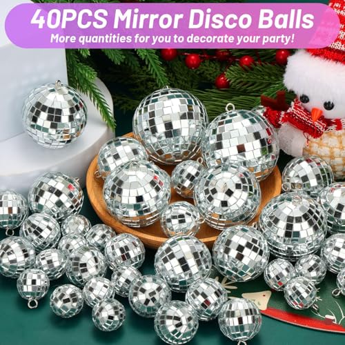 40 Pcs Mini Disco Ball Ornaments, 5 Sizes Silver Mirror Party Decorations