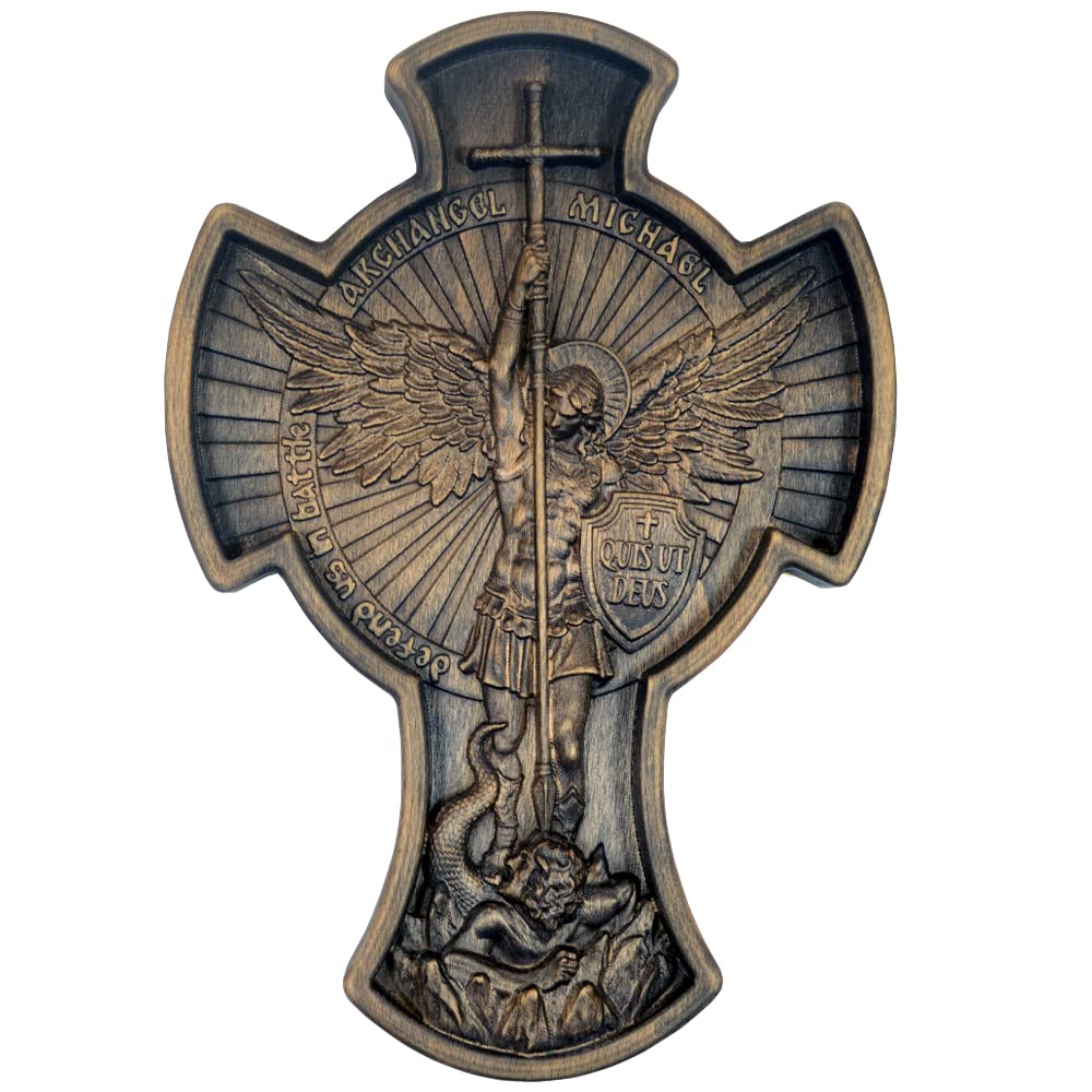 Royal Wooden Collection Wall Cross Keeper Archangel Michael wood carved Hanging Icon. Christian Gift idea for men - Medium Size
