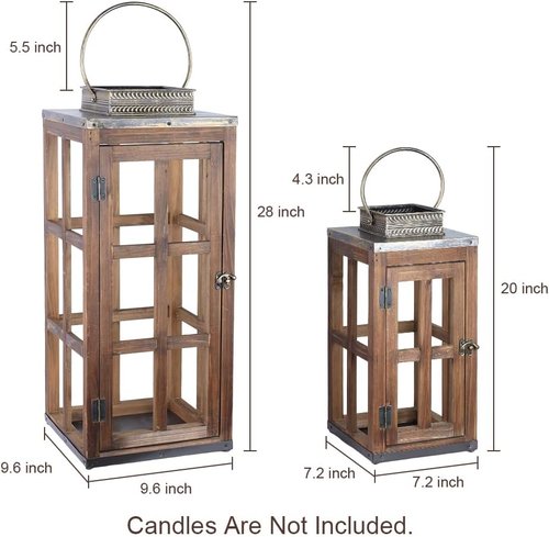 DECORKEY Rustic Wooden & Metal Lantern Set of 2 - 28''/20'' H Decorative Indoor/Outdoor Candle Holders
