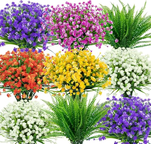 24 Bundles UV Resistant Artificial Outdoor Flowers & Faux Fern Plants