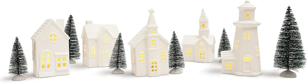 Skiennix 11-Piece White Ceramic Christmas Village Set - Light-Up Porcelain Houses with Timer for Festive Home Decor