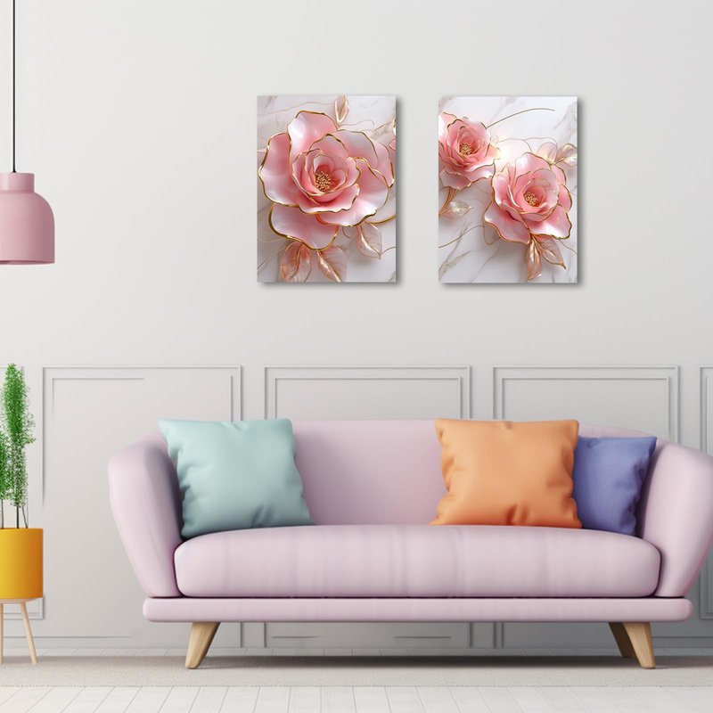 PBXBJY Pink Rose Flower Wall Art Modern Wall Decor Abstract Gold and Pink Canvas Painting Floral Marble Prints for Bedroom Bathroom Decor ((16.00" x 24.00" x 2PCS))