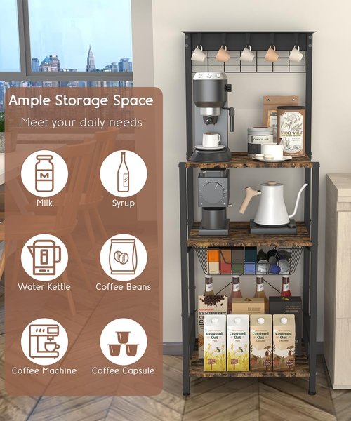 Ansionsol 4 Tier Coffee Bar Station, Corner Bakers Rack with 5 Hooks & Wire Basket, Coffee Maker Stand for Small Space, Kitchen Storage Shelf for Entryway, Living Room, Café, Black, 16.5"x13"x47.8"