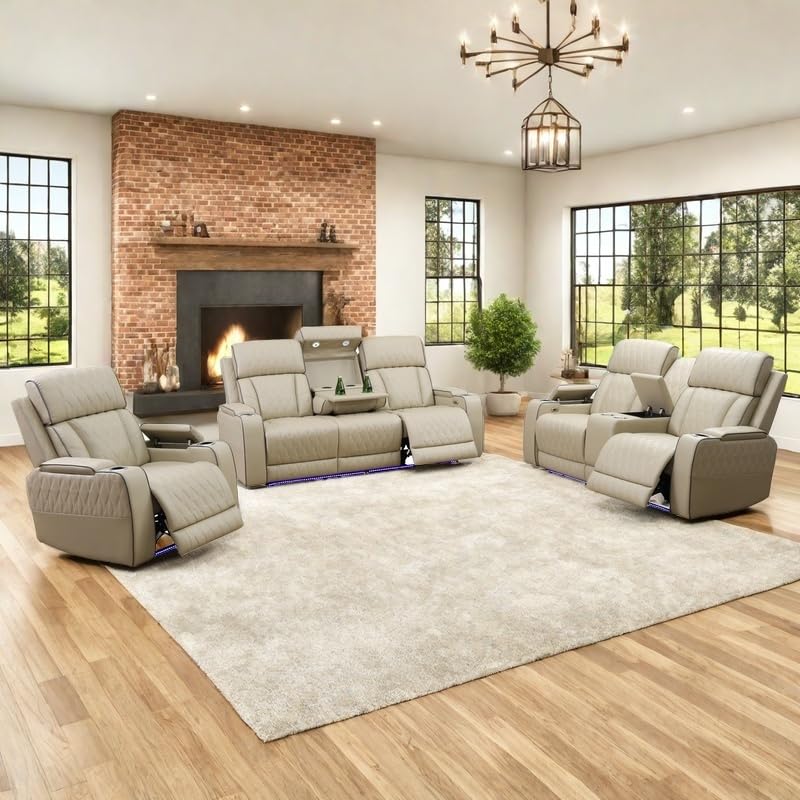 3-Piece Power Reclining Sofa Set with LED Lights, USB Ports & Storage, Beige