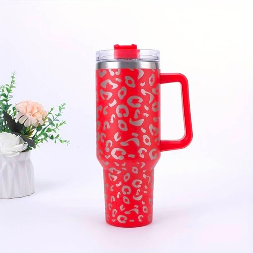 Lashicorn 40 Oz. Tumbler with Handle and Straw Red Leopard Silver 10” tall Cup lid included Insulated Stainless Steel Vacuum Travel Mug Boutique Cheetah Print
