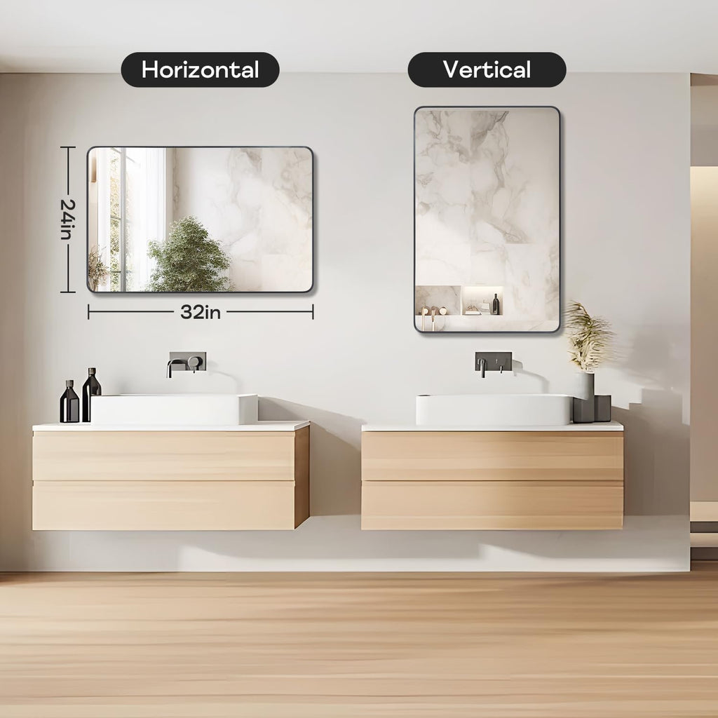 Regine Switzerland Black Framed Bathroom Mirror - Matte Rounded Corner Vanity Mirror | 24" x 32", Anti-Rust, Tempered Glass