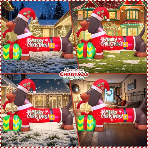 KOOY 5FT Christmas Inflatable Dachshund with Gift Box Outdoor Decor