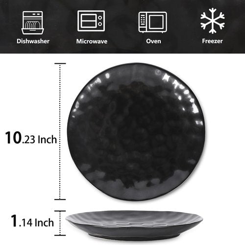 vicrays Ceramic Dinner Plates Set, 10 Inch, Microwave, Oven, Dishwasher Safe, Round, Porcelain Fluted Suitable for Steak, Pasta, Pizza, Home, Restaurant - Set of 6 Black