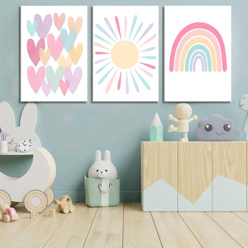 3Pcs Framed Pink Nursery Canvas Wall Art Rainbow Poster Kids Bedroom Baby Girls Toddler Pastel Wall Decor Prints Sun Boho Pink Sunshine Painting for Classroom School Nursery Decoration 16x24in