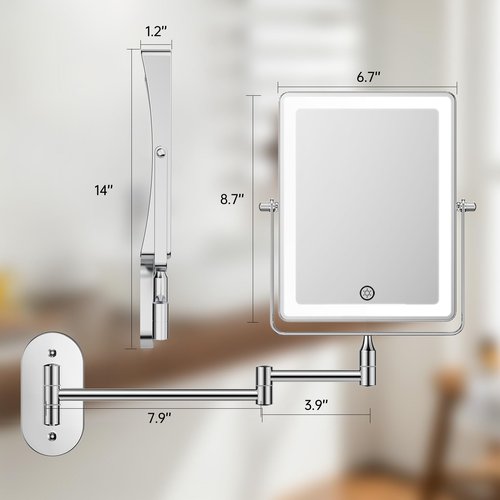 FASCINATE 5000mAh Rechargeable Wall Mounted Makeup Mirror, 8.7" Double Sided Touch Switch 1X/30X Rectangle Wall Mounted Magnifying Mirror with Light, 3 Color Setting, Extended Arm 360° Swivel Foldable