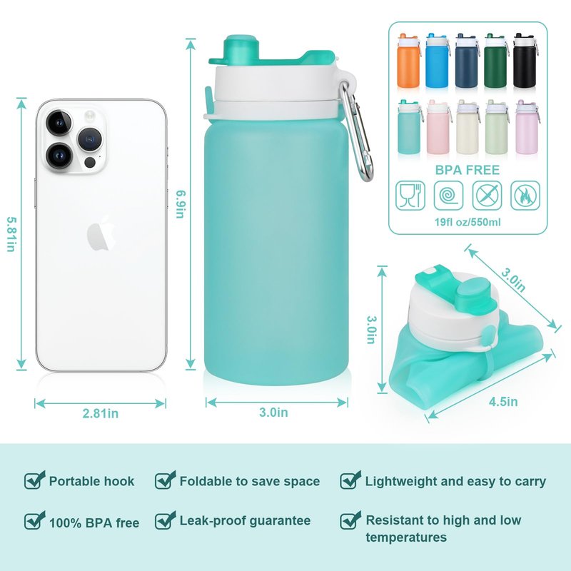 PLTCAT 2 Pack Collapsible Water Bottle, 19oz Foldable Bottle BPA Free Reusable Lightweight Leak-Proof Travel Silicone Water Bottle for Travel, Gym, Hiking, Office, Camping（Green and Blue）