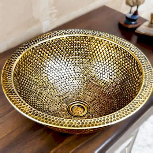 14-Inch Hand Hammered Brushed Brass Bathroom Sink, Dual Mount Round Basin