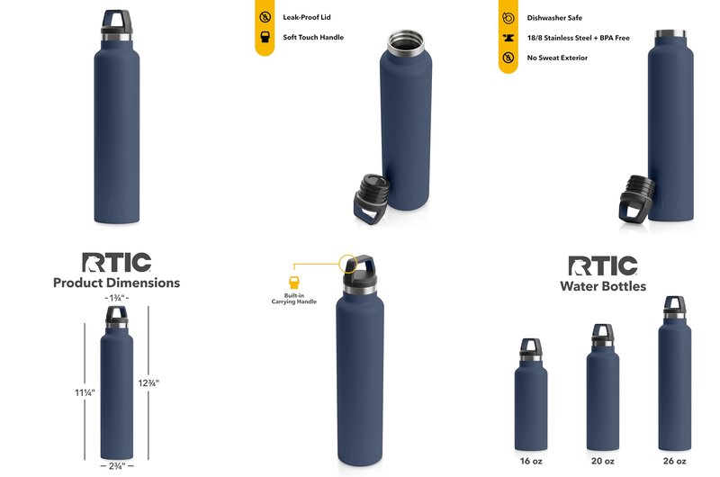 RTIC 26 oz Vacuum Insulated Water Bottle, Stainless Steel Metal, Double Wall, BPA Free, for Hot and Cold Drinks, Navy
