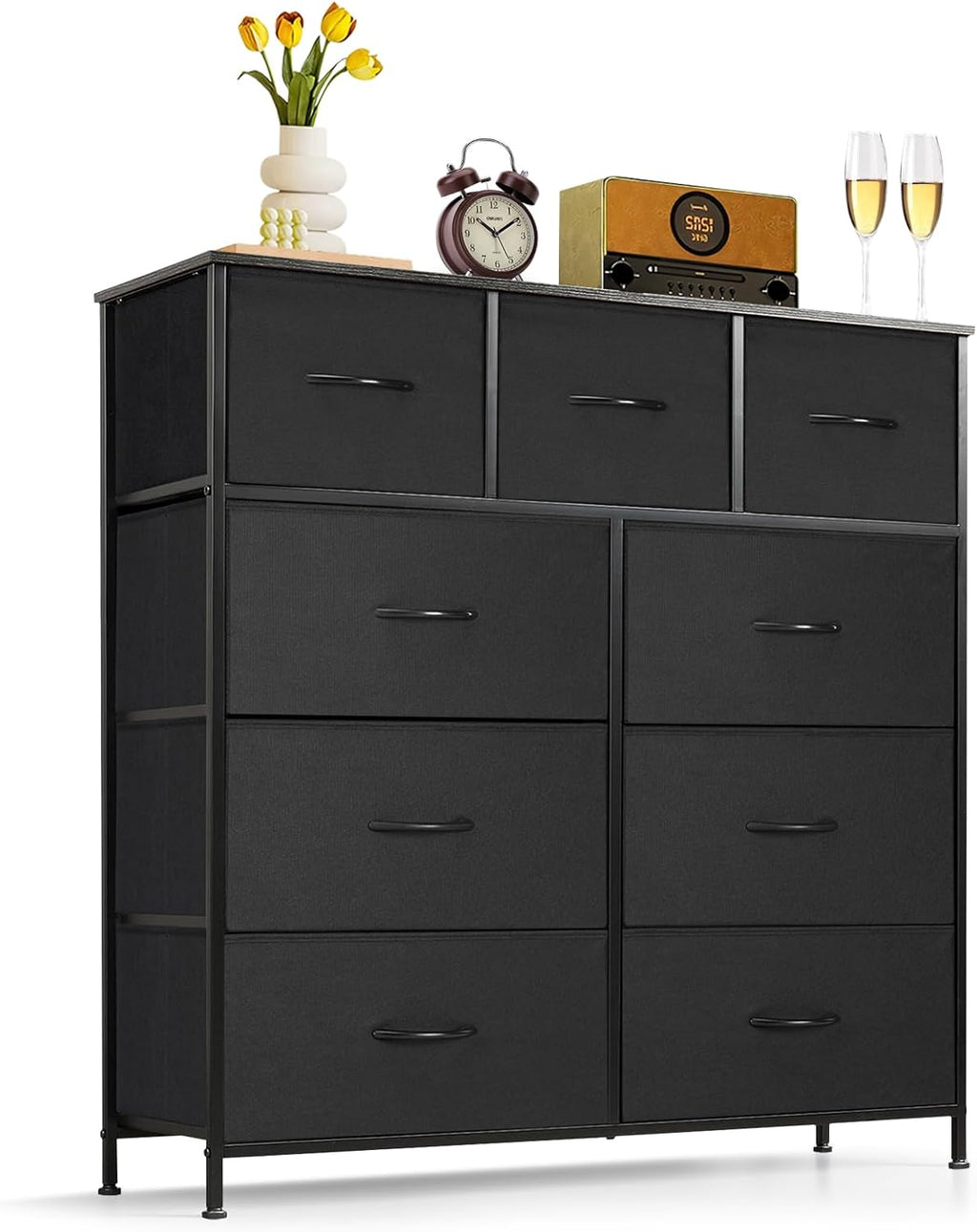 Regine Switzerland 9-Drawer Dresser - Anti-Tip Tall Storage Organizer with Wooden Top & Metal Frame - Black