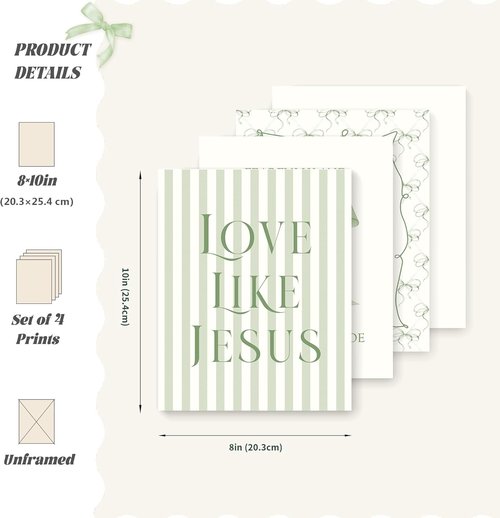 LARTSFRO Coquette Sage Green Bow Wall Art Decor - Inspirational Bible Verses | Set of 4 Unframed 8x10 Inch Prints