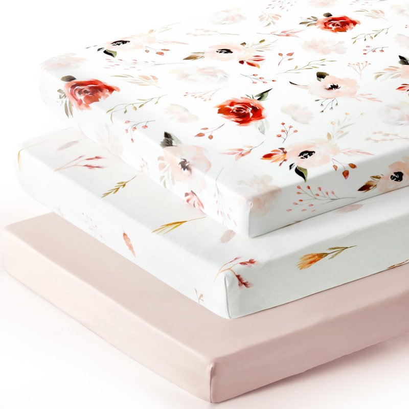 Pack n Play Sheets Fitted 3 Pack, Stretchy Ultra Soft Jersey Knit Pack and Play Sheets, Universal Fitted Portable/Mini Crib Mattresses Snug and Safe, Pretty Watercolor Rose Flora for Baby Girls