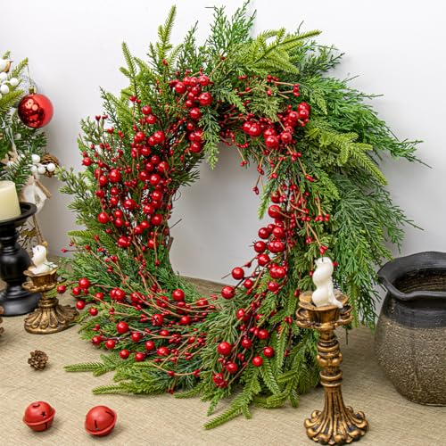 20-Inch Classic Christmas Wreath with Red Berries & Norfolk Pine - Rustic Front Door Decor