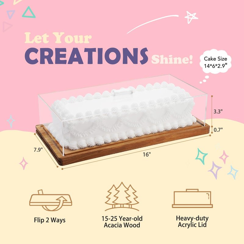 ClouTideR 15-25 Year-old Acacia Wood Cake Stand & Acrylic Lid, 2-in-1 Charcuterie Table Display Set, Wooden Dessert Board with Cover, Rectangle Flip Tray for Fine Dining Restaurant/Home Party(16x7.9”)