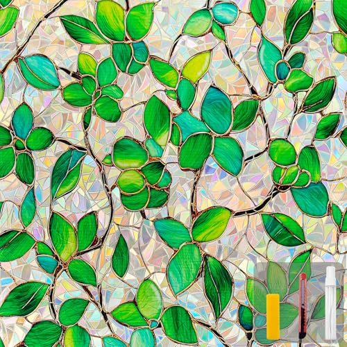 Decorative Rainbow Window Privacy Film - Green Leaf Design, 17.5 x 78.7 in
