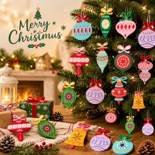 Amyhill Vintage 24 Pcs Wooden Christmas Ornaments with Rope - Retro 12 Styles