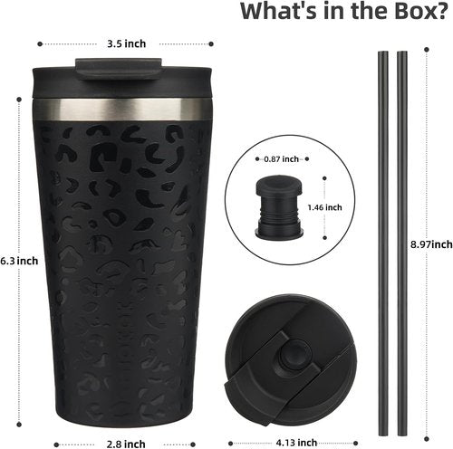 BJPKPK 18oz Insulated Stainless Steel Tumbler - Black Leopard Travel Coffee Mug with Lid & Straw