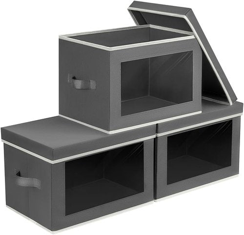 Homsorout Storage Bins - Collapsible Fabric Boxes with Lids & Windows | 3-Pack Dark Grey Organizers