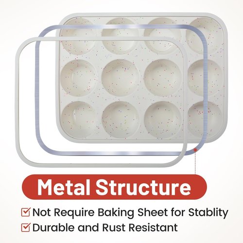 CAKETIME Silicone Muffin Pan - Non-Stick 12-Cup Cupcake Pan with Metal Reinforced Frame | Easy to Use