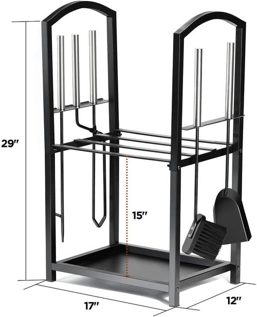 HOME IT Firewood Rack - 2-Tier Indoor/Outdoor Holder with Tools Set | Waterproof Steel Pipe, Black, 17x12x29