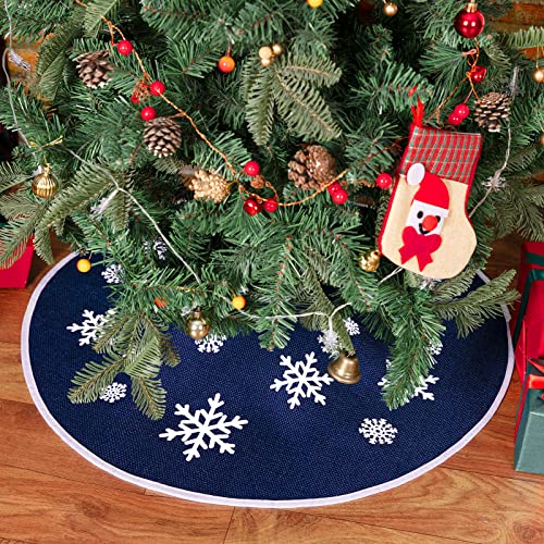 30-Inch Dark Blue Burlap Christmas Tree Skirt with White Snowflakes