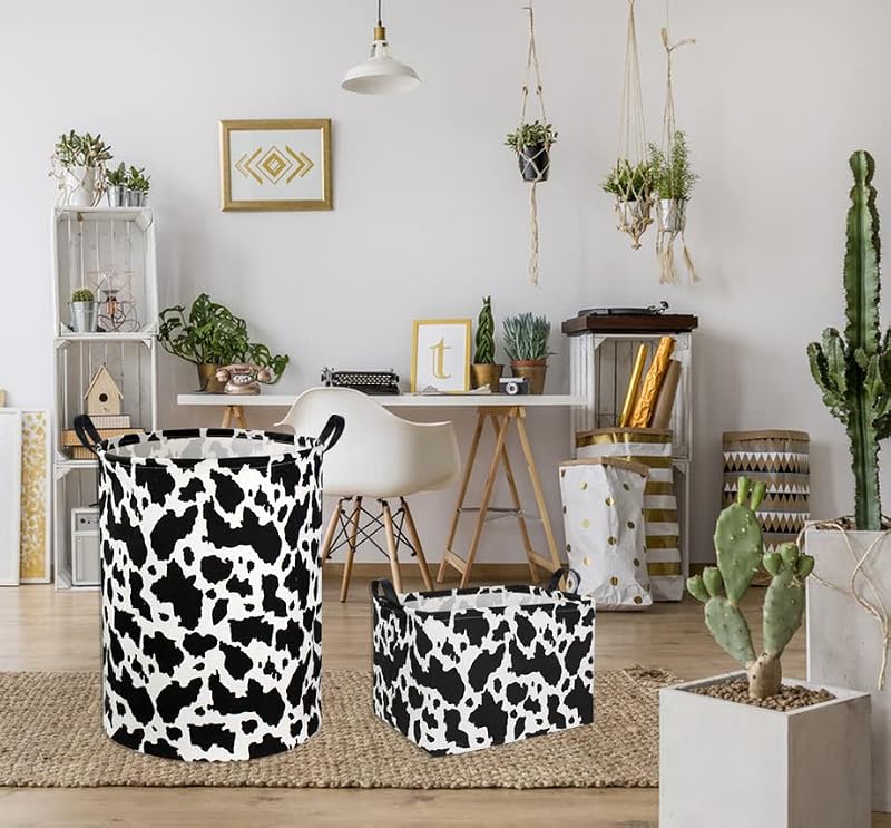 Collapsible Cow Print Laundry Basket with Handles - Nursery Storage Bin