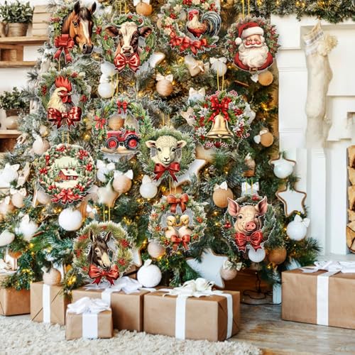Christmas Farm Animals Wooden Ornaments - Set of 24 Holiday Tree Decorations