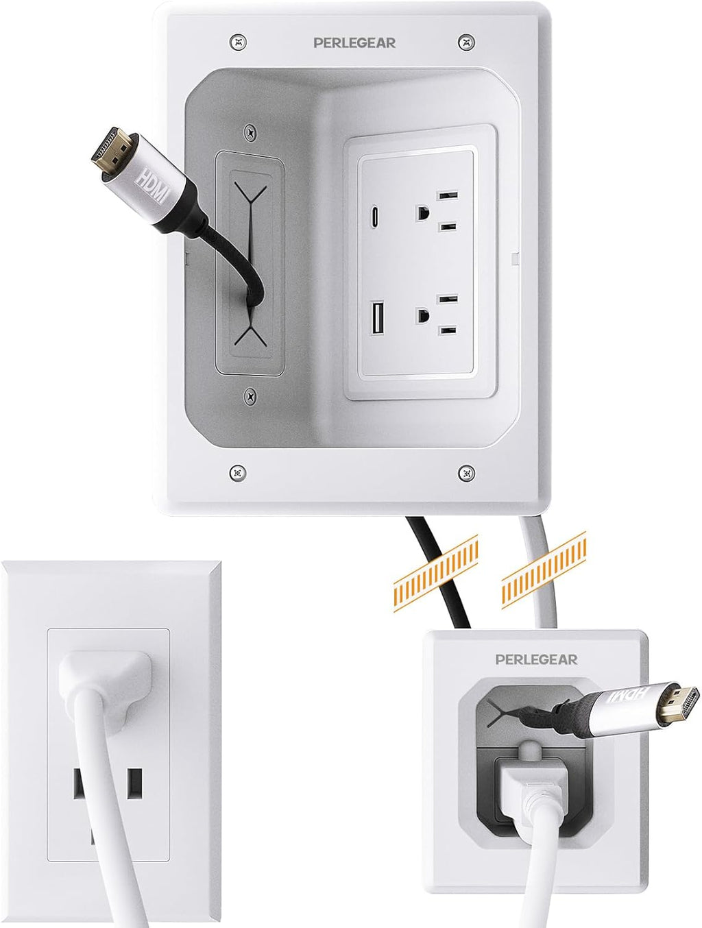 Perlegear In-Wall Cable Management Kit - USB & Type C Ports for Wall-Mounted TVs | Includes Drill Templates & Dust Bags
