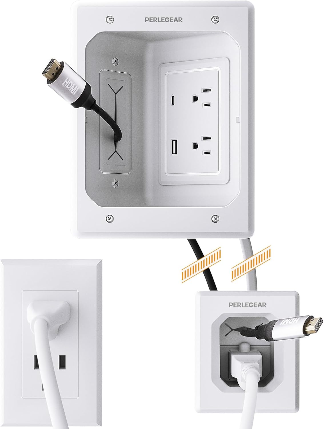 Perlegear In-Wall Cable Management Kit - USB & Type C Ports for Wall-Mounted TVs | Includes Drill Templates & Dust Bags