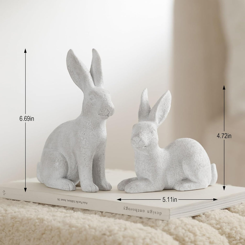 Skiennix White Frosted Resin Bunny Figurines - Set of 2 Decorative Rabbit Statues for Spring Home Decor