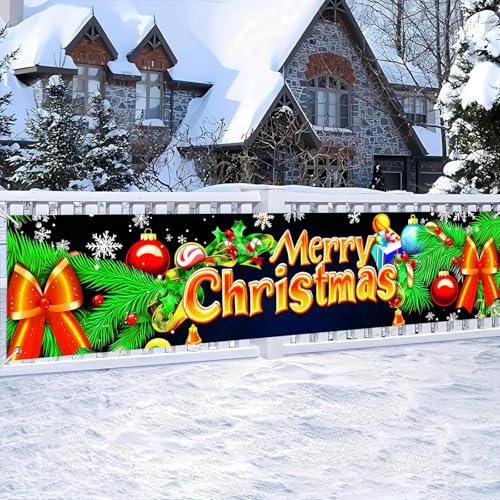 Merry Christmas Banner 78x17 in Pine Bough Bow Balls Candy - BlissYard #005