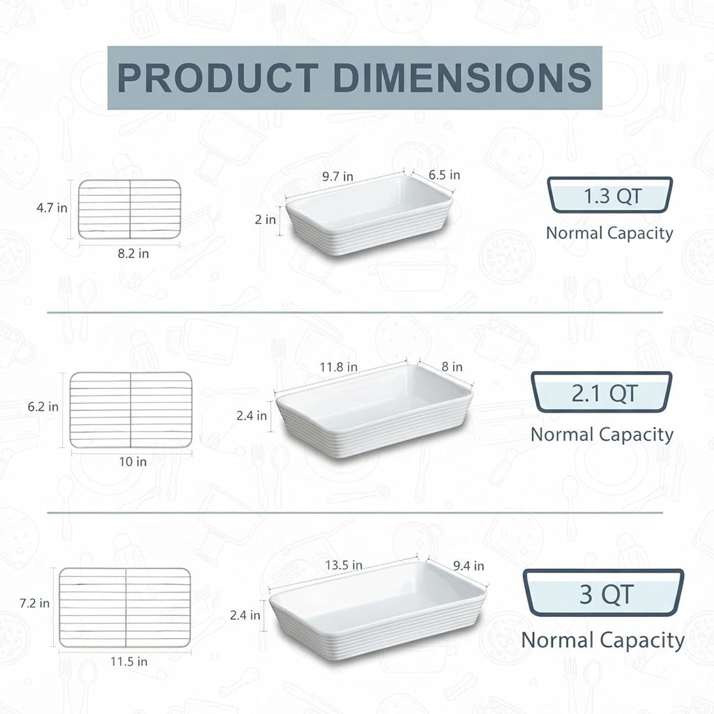 ONEMORE Baking Dishes - Large 9x13 Ceramic Casserole Set with Roasting Racks | 3QT, 2.1QT, 1.3QT Sizes
