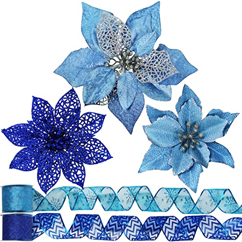 Blue Christmas Poinsettia Flowers & Ribbon Set - Holiday Decor, 24 pcs