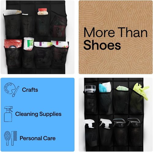 GORILLA GRIP Over The Door Shoe Organizer - 2 Pack with 24 Breathable Mesh Pockets | Space-Saving Storage for Shoes & Accessories, Black